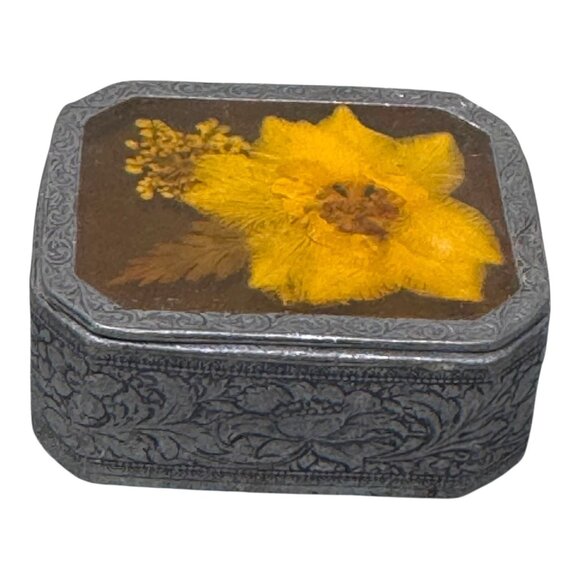 Vintage Floral Etched 2" Trinket Jewelry Ring Box Pressed Dried Flower Design - Picture 3 of 10